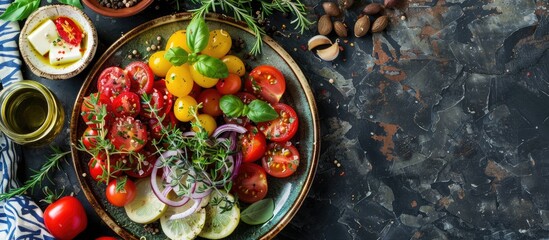 Poster - Rustic ceramic plate with Mediterranean food ingredients, with room for text or other images.