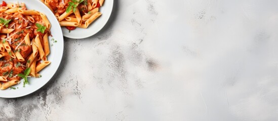 Poster - Top view of penne pasta in red sauce on a white plate against a light grey slate or concrete background, providing a copy space image.