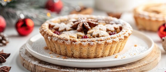 Poster - A close-up view of a mince pie on a white table with a horizontal copy space image.