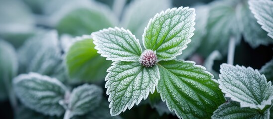 Aufkleber - Nature background featuring a closeup of wild strawberry plant leaves on a frosty morning with a copy space image.