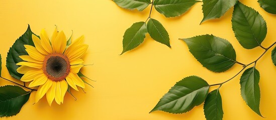Wall Mural - A minimalistic summer theme featuring a creative flat lay arrangement with a copy space image. A top-down view of green leaves and a sunflower on a yellow background.