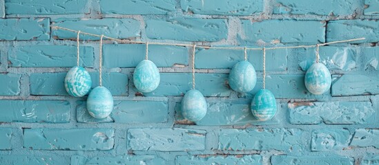 Sticker - Turquoise Easter eggs dangle on a string in front of a blank brick wall, with ample copy space image.