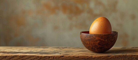 Aufkleber - Wooden bowl with a chicken egg on a table with ample space for a copy space image.
