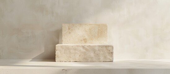 Aufkleber - Front view of a travertine-tiled product presentation podium against a white backdrop, suitable for showcasing items in a copy space image.