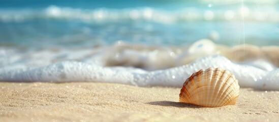 Aufkleber - A seashell rests on a sandy beach with a summer background, providing a copy space image suitable for use as a banner.
