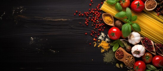Aufkleber - Italian cooking essentials: pasta, veggies, spices, showcased in a top view for a copy space image.