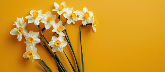 Poster - Minimalistic spring concept featuring a bouquet of daffodils against a yellow backdrop with a copy space image in a flat lay style.
