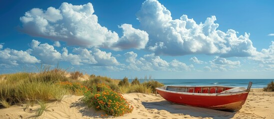 Sticker - A sunny summer day at Zahara de los Atunes beach displays a boat and flowers on the sandy dunes beneath a blue sky with fluffy clouds, offering a serene copy space image.