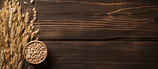 Poster - Pearl barley grain set against a rustic wooden backdrop with copy space image.