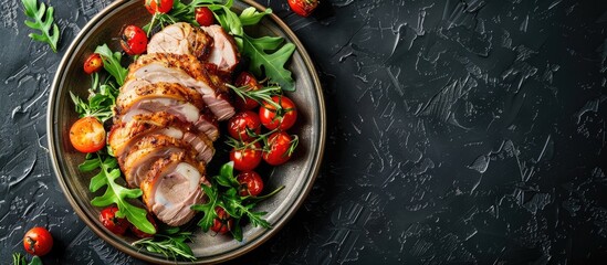 Poster - Metal plate with sliced Porchetta and Pururuca, providing copy space image.