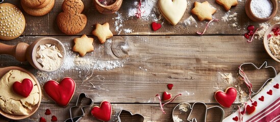 Aufkleber - Valentine's Day celebration with ingredients, dough, and cutters for delicious cookies displayed on a wooden background, providing a charming copy space image.