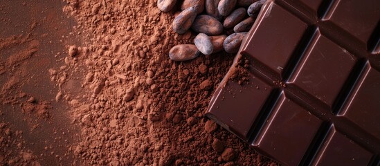 Poster - Detailed shot of cocoa powder and dark chocolate with copy space image nearby.