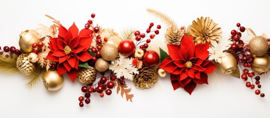 Poster - Top-down view of a festive Christmas-themed arrangement with red and gold decorations against a white backdrop, ideal for adding text or other elements