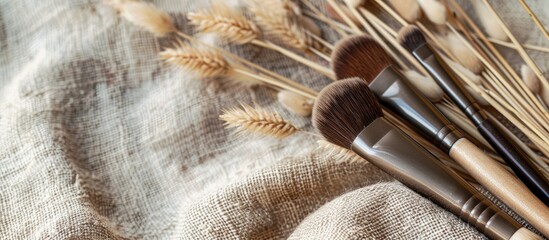 Poster - Makeup brushes displayed on a beige fabric background with copy space image for custom designs, websites, and advertisements.
