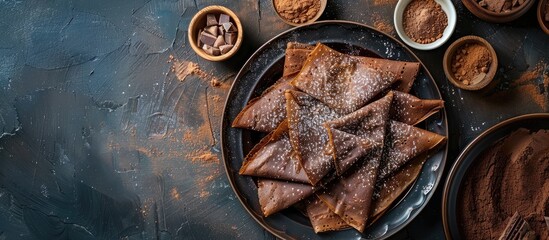 Poster - Vegan dessert of chocolate brown crepes with cacao, folded with copy space image.