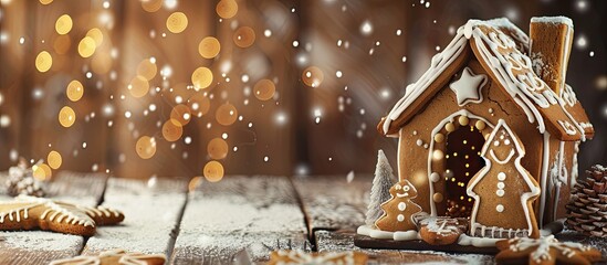 Poster - Rustic wooden table with a Christmas gingerbread house displayed, featuring copy space image.
