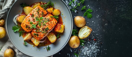 Aufkleber - Salmon dish marinated with onion, served with bread and boiled potatoes, all against a simple background in the copy space image.