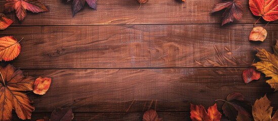 Poster - Thanksgiving autumnal background with colored leaves on wooden board, providing a cozy and inviting atmosphere for text or graphics with copy space image.