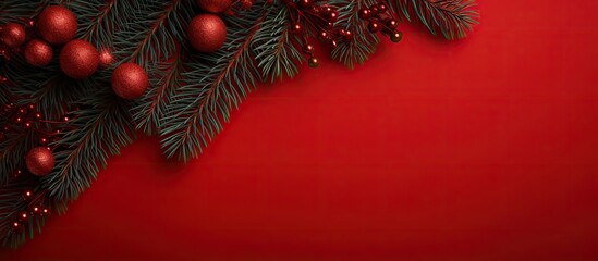 Sticker - Top view of a Christmas-themed image with red decorations, fir tree branches set against a red backdrop, perfect for showcasing with copy space in a flat lay composition.