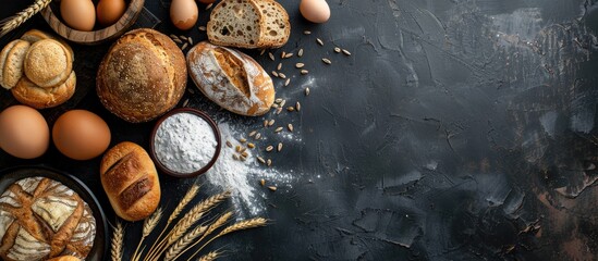 Poster - Variety of bread types on a dark background with eggs, flour, wheat ears in a top-view setup for a bakery concept copy space image.