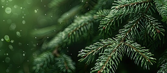 Fototapete - Spruce branch in close-up view with empty space around it for adding text or graphics, illustrating a natural theme.