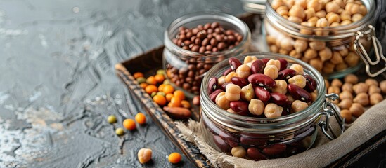 Poster - Displaying a healthy food concept, jars filled with kidney beans and chickpeas on a wooden tray against a gray background with a napkin, featuring copy space image.