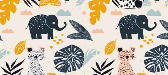 Wall Mural - A repeating pattern featuring stylized elephants and leopards against a white background with tropical leaves in blue, yellow, and pink.