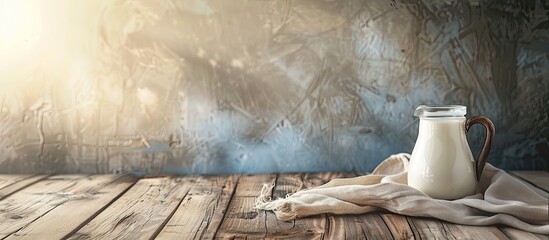 Aufkleber - A jug of fresh milk on a rustic wooden kitchen table with ample copy space image.