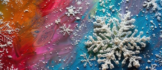 Canvas Print - Snowflake winter ornament viewed from above on a colorful backdrop, conveying a Happy New Year theme with room for your own image.