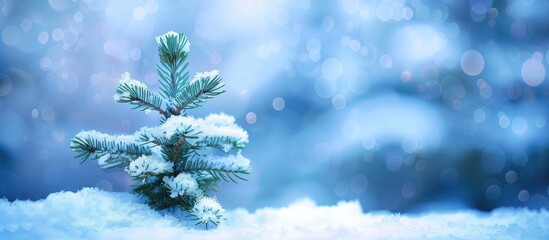 Poster - a small pine tree covered in fresh snow against a blurred blue background, ideal for a merry christm