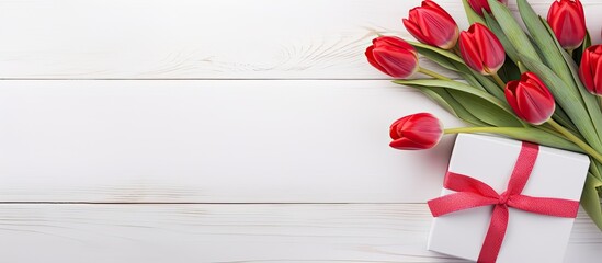 Poster - Valentine's Day concept featuring a bunch of red tulips, a present, and a white wooden backdrop with copy space image.