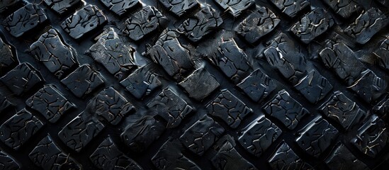 Poster - Black rubber tire tread pattern background with a distressed, aged, and worn-out look, ideal for automotive themes, featuring copy space for images.