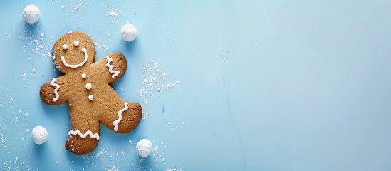 Poster - A gingerbread man with white icing on blue pastel backdrop, perfect for Christmas, with copy space image for a festive touch.
