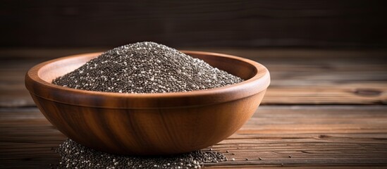 Poster - Close-up image featuring organic chia seeds in a wooden bowl, set against a dark wooden background with copy space.