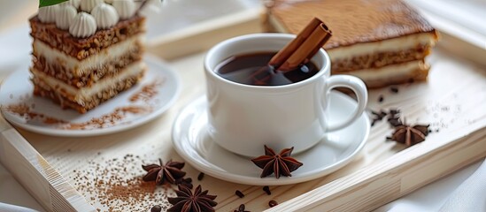 Poster - A cup of coffee rests on a tray next to a cake with cinnamon and anise, set against a white background with copy space image.