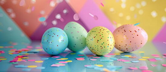 Poster - Studio-lit plastic Easter eggs in blue, green, yellow, and pink on a textured paper with confetti against a multi-colored geometric backdrop, featuring reflection with copy space image.