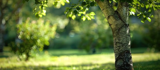Poster - A tree with pale bark grows in a sunny orchard garden against a blurry green copy space image.