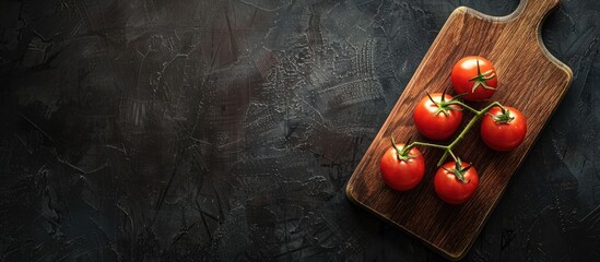 Poster - Dark wooden cutting board with three cherry tomatoes on a dark backdrop, ready for the designer to place any dish for a copy space image.