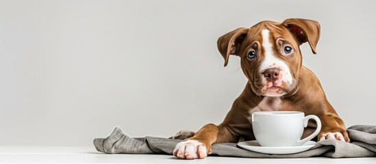 Poster - American Staffordshire Terrier puppy with coffee cup on white background, perfect for copy space image.