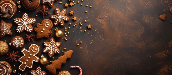 Poster - Background with a festive display of homemade Christmas gingerbread cookies and other sweet pastries, perfect for New Year celebrations, with copy space image included.