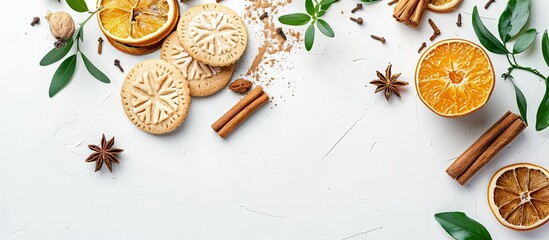 Poster - Festive arrangement featuring cookies, dried oranges, cinnamon sticks, and herbs on a white backdrop. Ideal for cooking or as Christmas home decoration. Top-down view with space for text or images.