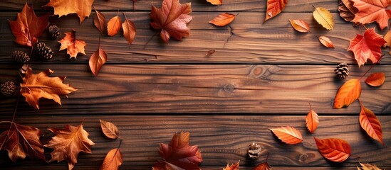 Aufkleber - Copy space image featuring autumn leaves on a wooden background.