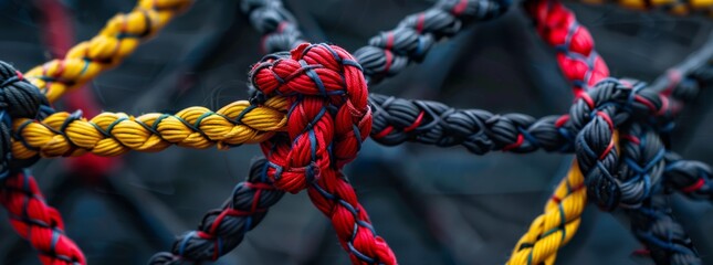 Close-up shot of vibrant ropes knotted together creating a colorful grid pattern, showcasing texture.