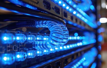 Wall Mural - Close-up of Server Racks with Blue Lights