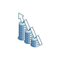 Wall Mural - isometric vector linear icon in the form of a chart of coins and an up arrow, in color on a white background, financial growth or increase in income