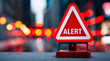 © CreativeMania - Red alert sign with exclamation sign on blurred city background with red lights. Breaking news alert. Warning and risk concept