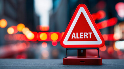 Red alert sign with exclamation sign on blurred city background with red lights. Breaking news alert. Warning and risk concept