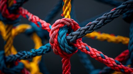 Close-up shot of vibrant ropes knotted together creating a colorful grid pattern, showcasing texture.