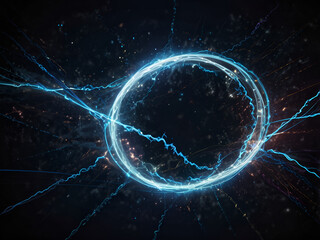 Poster - electrons of electricity flowing through space against a dark background.