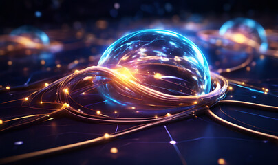 Poster - electrons of electricity flowing through space against a dark background.